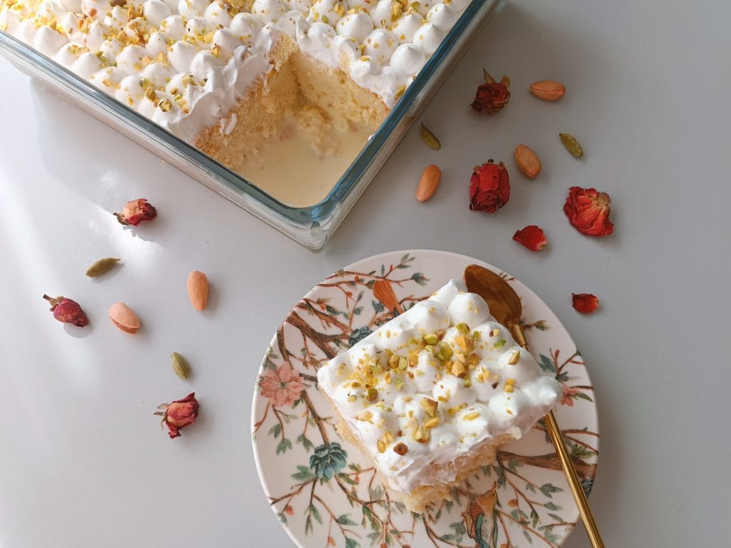 Pistachio Cardamom Tres Leches Cake - The Food Flamingo